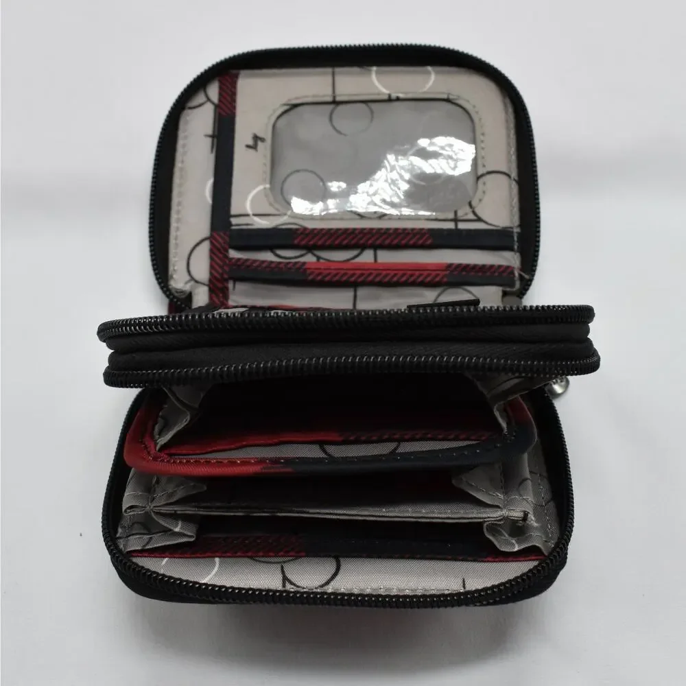 Lug Splits RFID Double Zip Wallet Black Red Quilted Buffalo Plaid Card Holder
